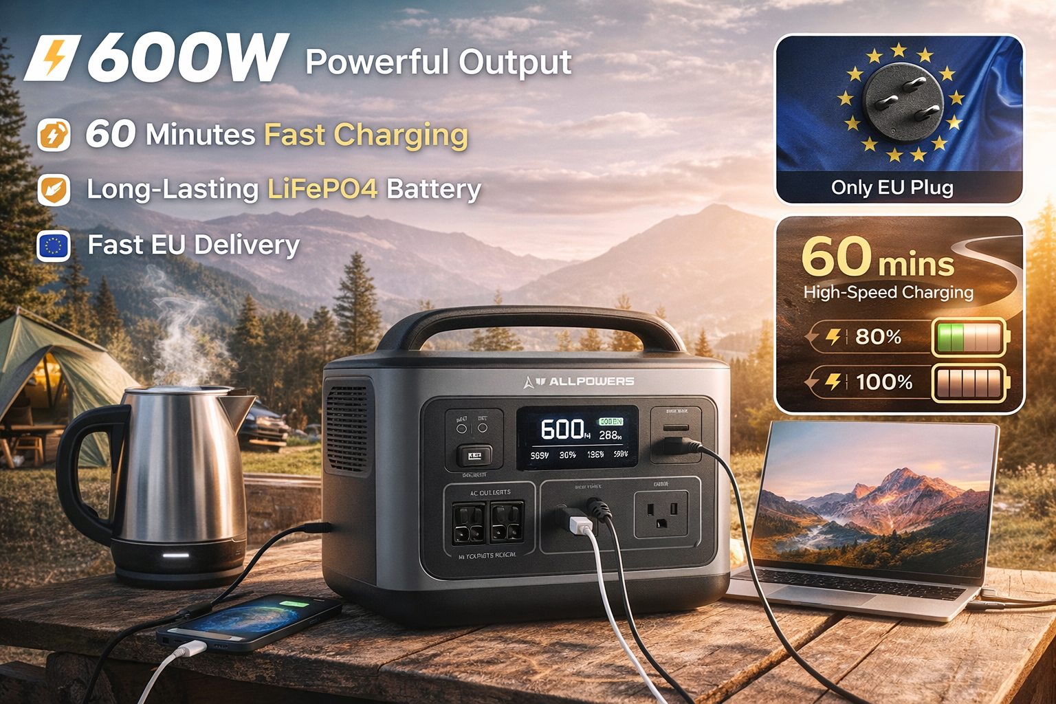 ALLPOWERS R600 Portable Power Station 299Wh LiFePO4 – 600W (1200W Surge) | Fast EU Delivery